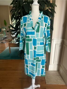 💙💚Top It Off Green & Blue Geometric V-Neck Long Sleeve Golf Sport Dress XL💙